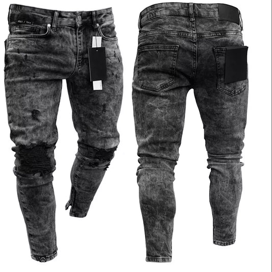 Distressed Stretch Ripped Biker Jeans Men Hip Hop Slim Fit