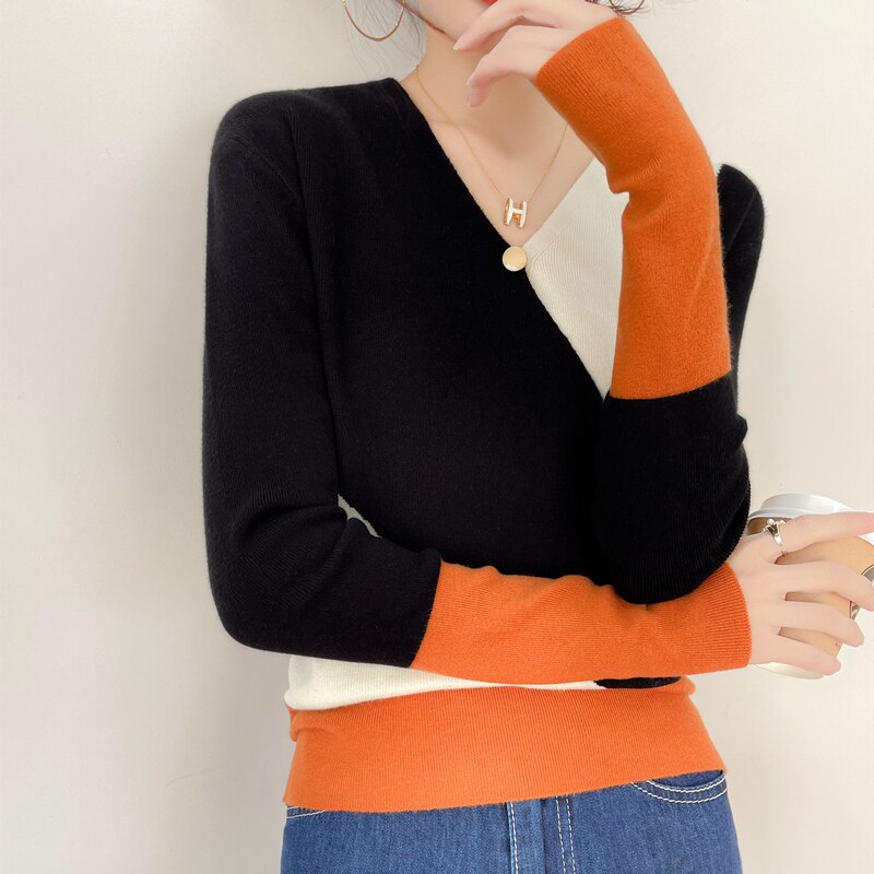 Women Cashmere Sweater Colorblock Casual Pullover  Knitwear Fashion Sweater - xinnzy