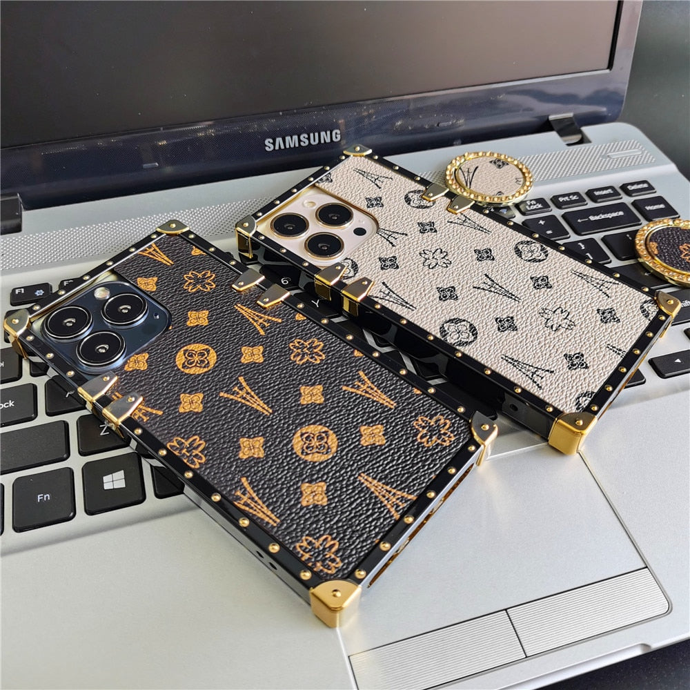 Square Soft Leather Flower Pattern Case For iPhone Luxury Glitter Phone