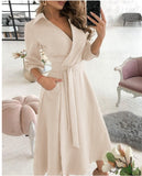 Lace Up Midi Dress Sleeve A-line Patchwork Dresses For Women Summer Lady V-neck Tunic - xinnzy