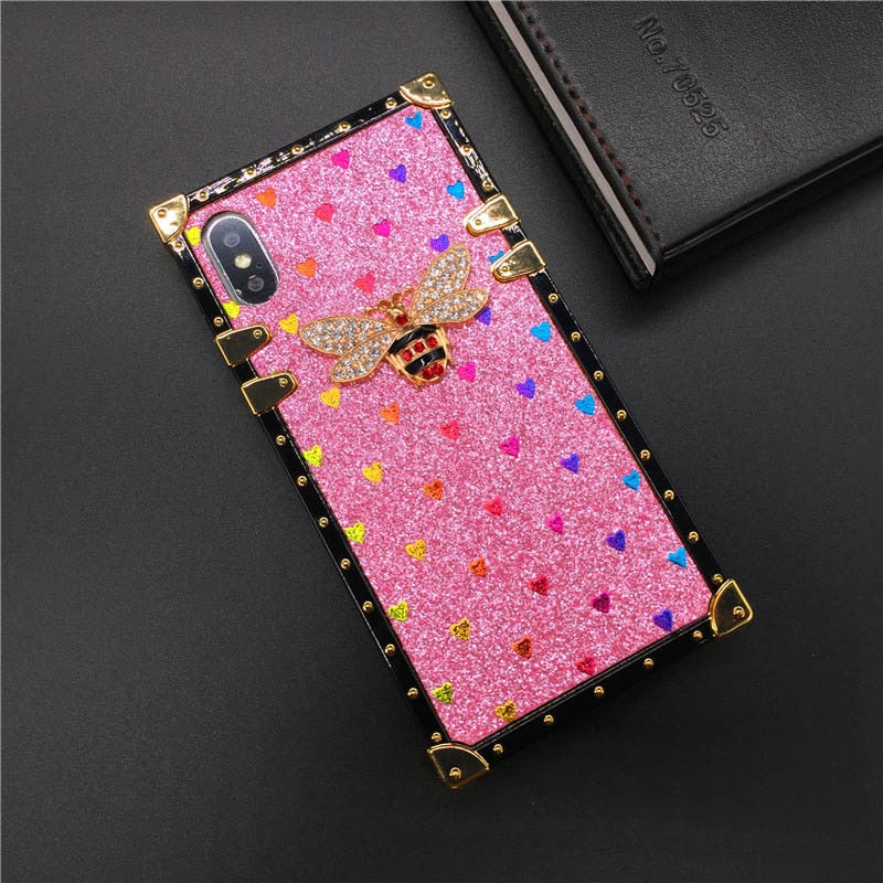 Luxury Square Case for iPhone  Fashion Heart Glitter Bee Cover Phone