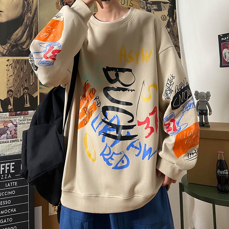 Men Sweatshirts Letter Graffiti Fashion Korean Pullovers