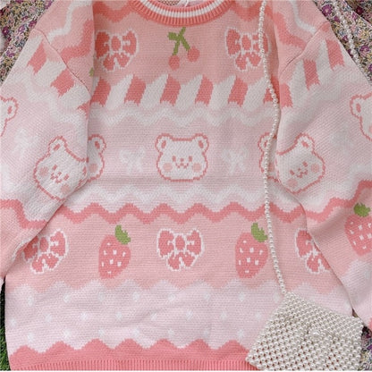 Sweet Lolita Strawberry Bear Pullovers Embrace Japanese Girly Chic for Autumn Winter