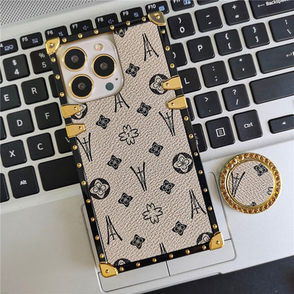 Square Soft Leather Flower Pattern Case For iPhone Luxury Glitter Phone