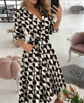 Lace Up Midi Dress Sleeve A-line Patchwork Dresses For Women Summer Lady V-neck Tunic - xinnzy