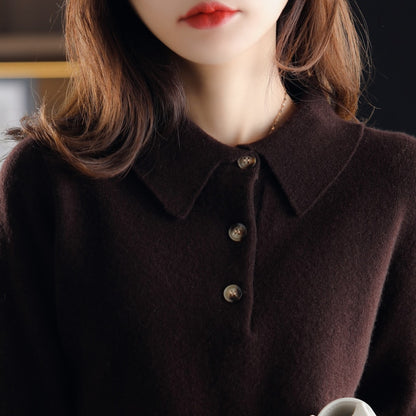 Cashmere Sweater  Knitted Pullover Fall Winter Lapel Base Shirt Pure Wool  Women Loose Top - xinnzy