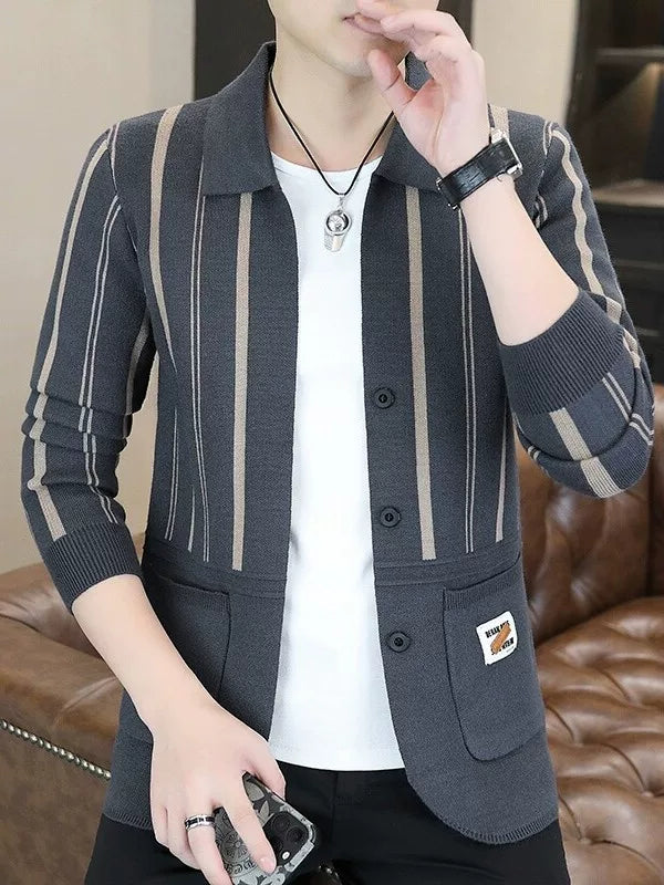Mens Striped Knit Cardigan Brocade Sweater Cloak Cotton Outwear
