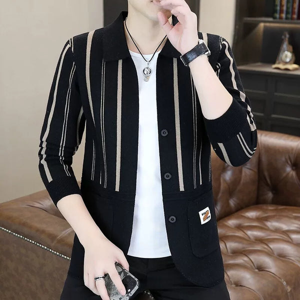 Mens Striped Knit Cardigan Brocade Sweater Cloak Cotton Outwear