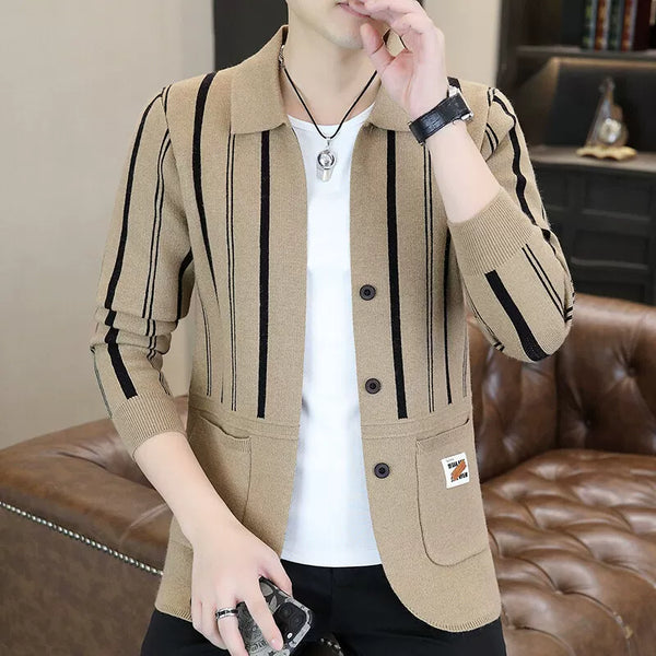 Mens Striped Knit Cardigan Brocade Sweater Cloak Cotton Outwear