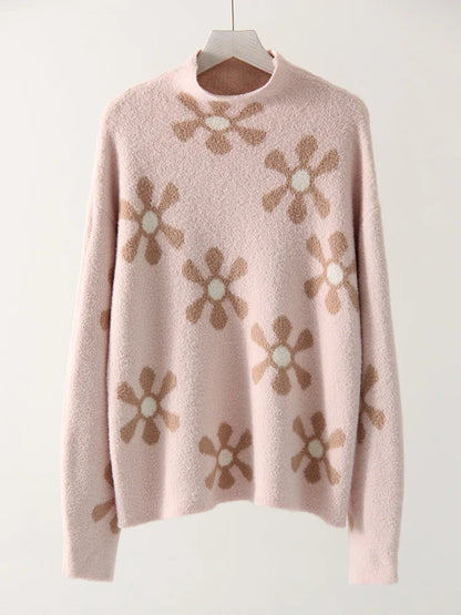 White Mohair Floral Sweater Women Oversized Winter