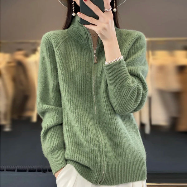 Wool Zipper Cardigan Padded Shoulder Stand Collar Women