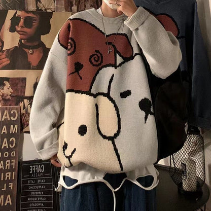 Sweater men loose autumn and winter Japanese retro cartoon Male bottoming shirt pullovers - xinnzy