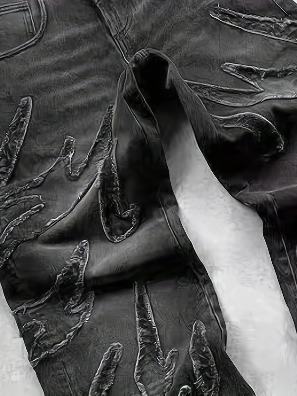 Mens Wide Leg Jeans Flame Embroidered Graffiti Vintage Denim