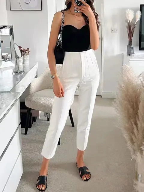 Women Fashion With Pockets Casual Basic Solid Pants Vintage High Waist