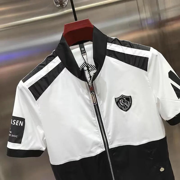 Mens Moto Zip Jacket Short Sleeve Slim Fit Biker Style Summer