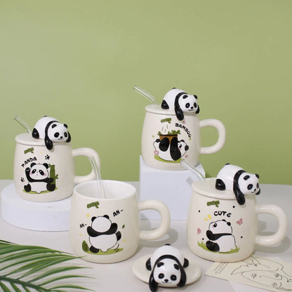 Nette cartoon panda Keramik Becher 400ml Mit Deckel und Löffel Kaffee tassen Milch