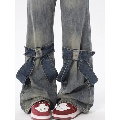 Y2k Vintage Flare Jeans Women Bow Patchwork