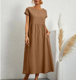 Womens Solid Color Cotton Linen Dress