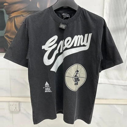 Vintage Washed Target Print T-Shirt Men Oversized Streetwear