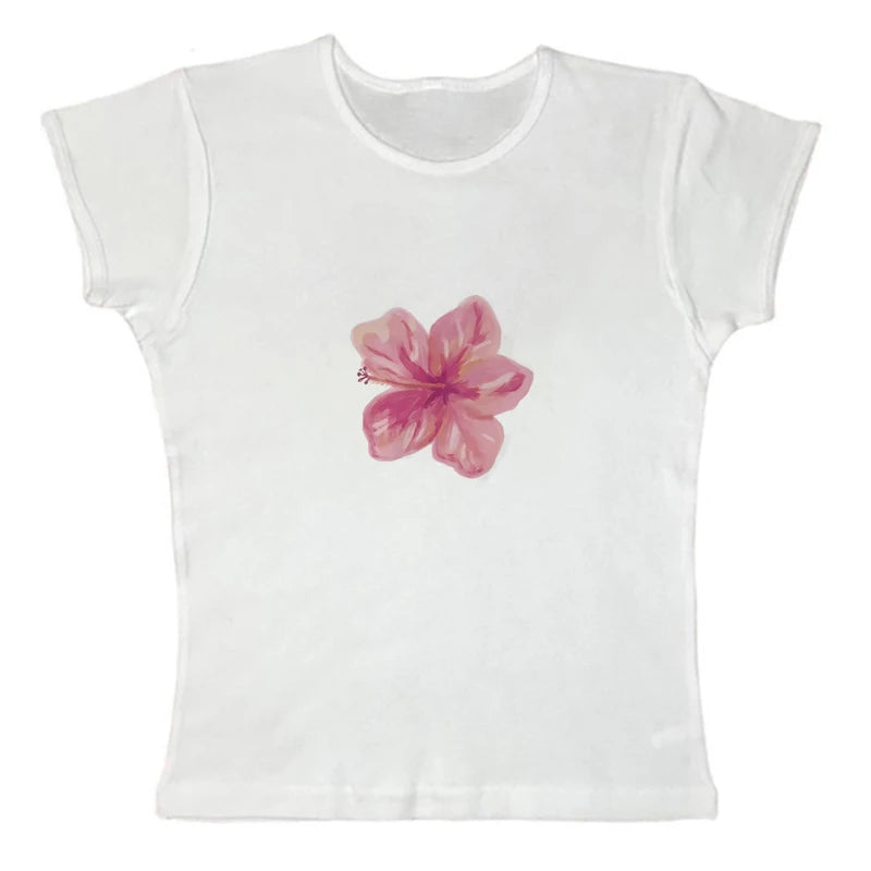 Retro EMO Girl Croptop Short Sleeve Flower Print Aesthetic