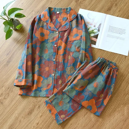 2025 Japanese Spring Autumn Women's Cotton Pajama Set Long Sleeve Pants