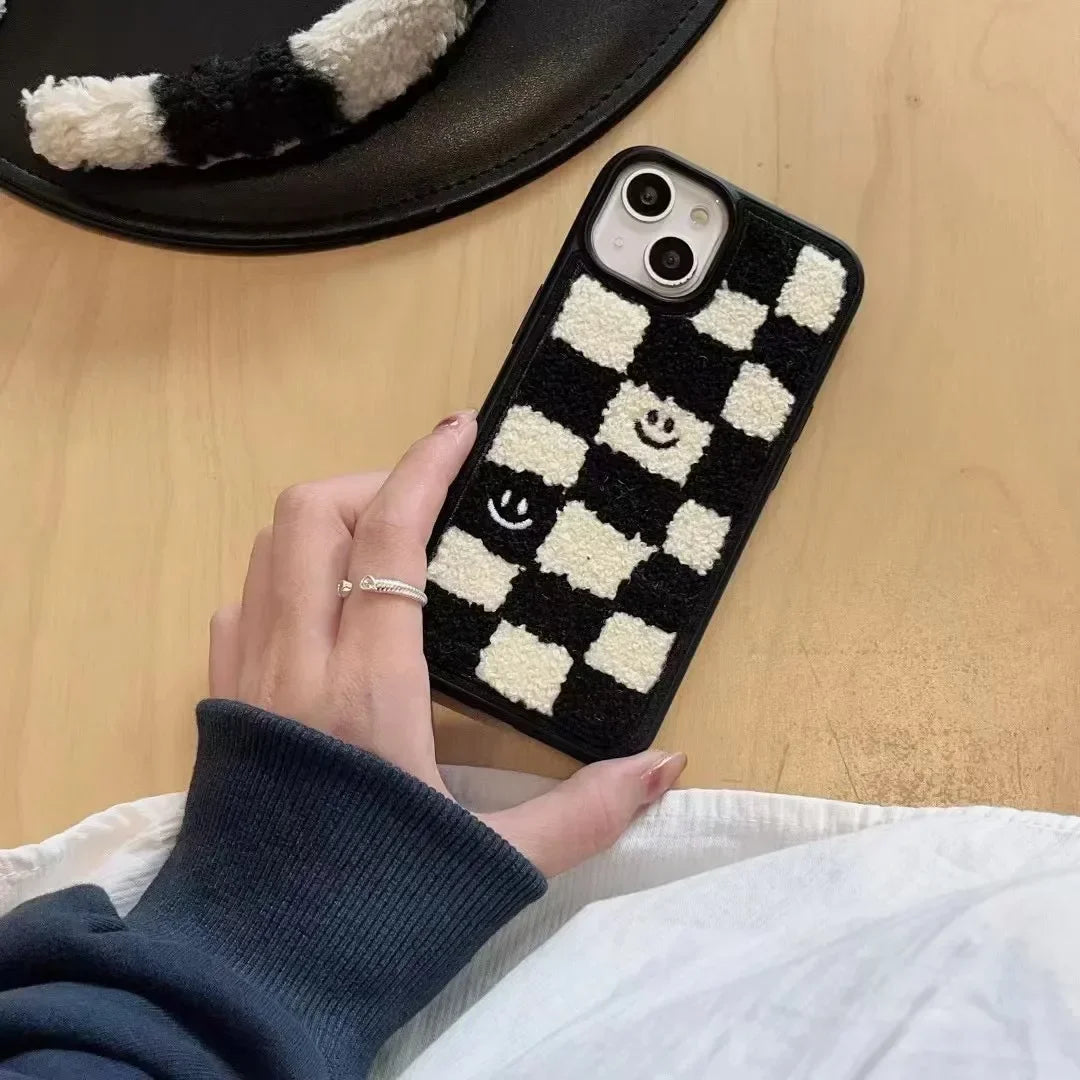 Winter Smile Grid Plüsch-Telefonhülle, warmes Tuch, Stoff, Fell, stoßfeste, weiche TPU-Abdeckung
