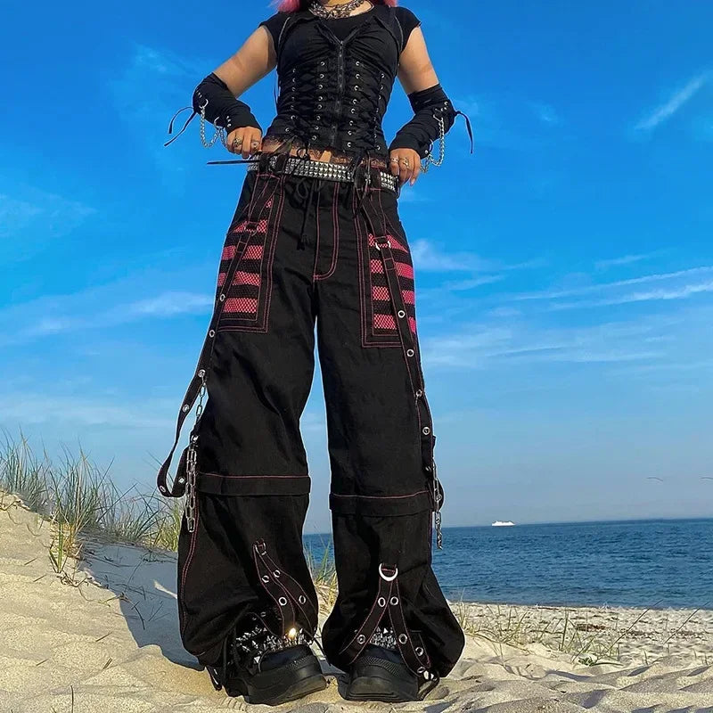 Gothic Punk Chain Bandage Wide-Leg Pants