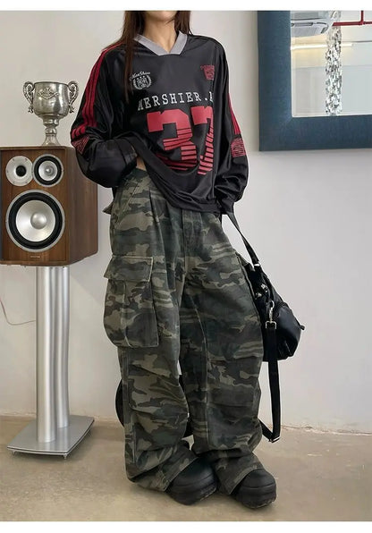 Y2K Camouflage Wide Leg Jeans with Pockets for Women