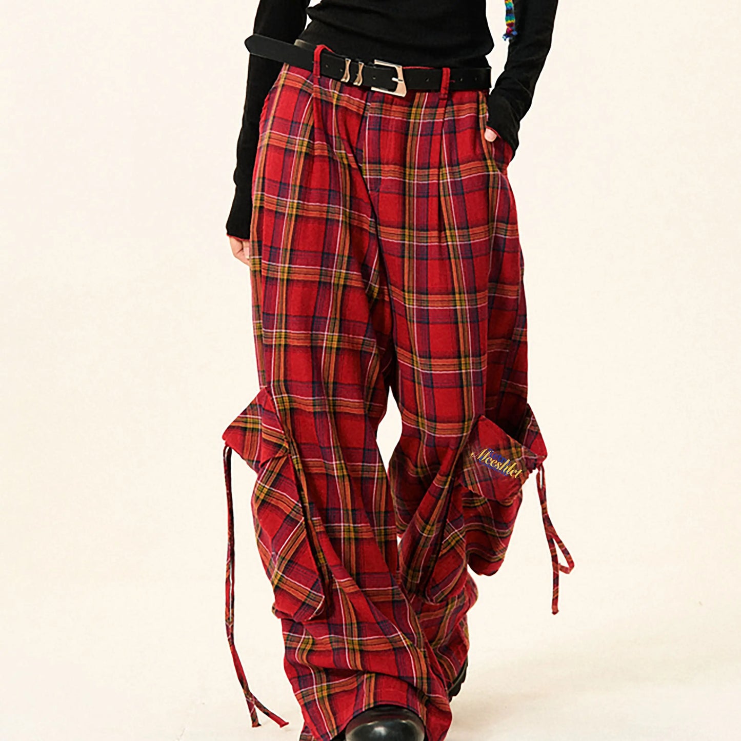American Red Retro Checkered Wide Leg Pants Women Y2K Korean Style