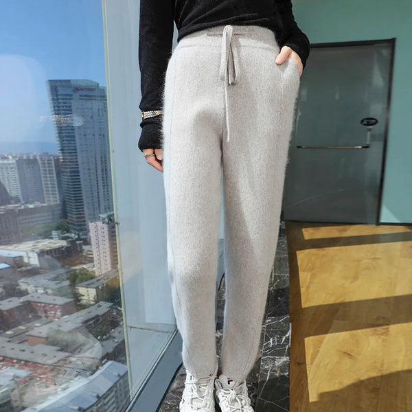 Thick Mink Cashmere Knitted Pants Women High Waisted Warm Winter