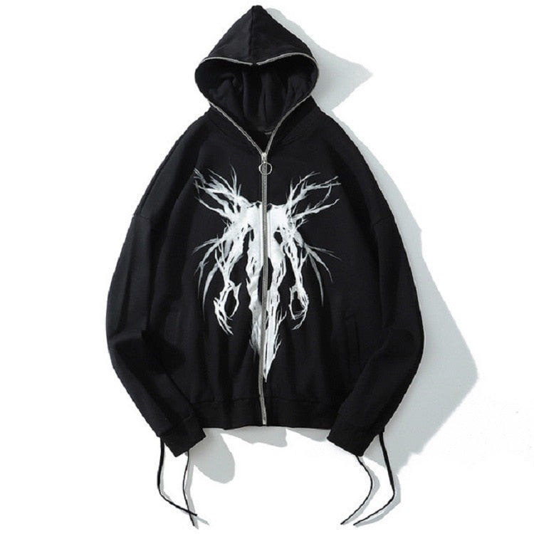 Hoodie Damen Schwarz Übergroßes Kapuzenpullover mit durchgehendem Reißverschluss Goth Grunge