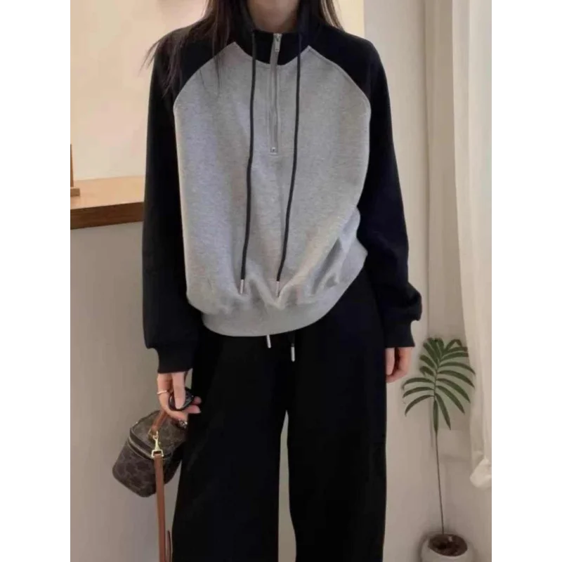 Womens Half Zip Crop Sweatshirt Raglan Sleeve Stand Collar Grey Top