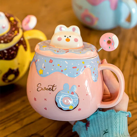 Cute Donut Ceramic Mug With Lid Spoon Coffee Mugs For Couple Large Capacity
