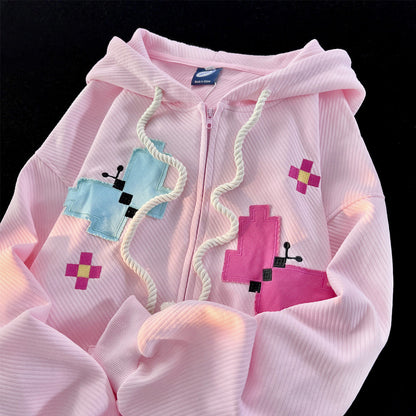 American Style Zip Hoodie Cardigan Sweatshirt Embrace Kawaii Fashion with Thick Patch Art and Kpop Butterfly Design