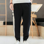 Elastic Waist Haren Pants Man Contrast Color Pockets Patchwork Cotton Hemp Casual