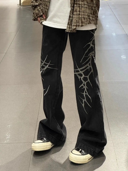 Dark Aesthetic Wide Leg Jeans Lightning Print Streetwear Denim