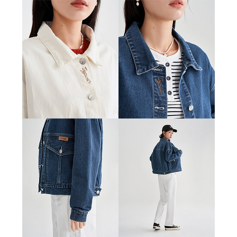 Women Denim Jacket Long Sleeve Polo Neck Loose Coat Warm