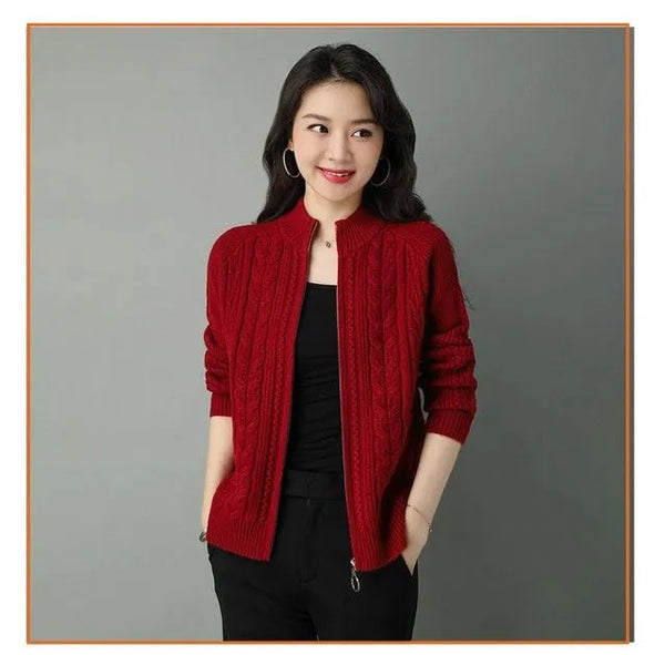 Womens Zip Up Cardigan Mock Neck Chunky Knit Sweater Coat