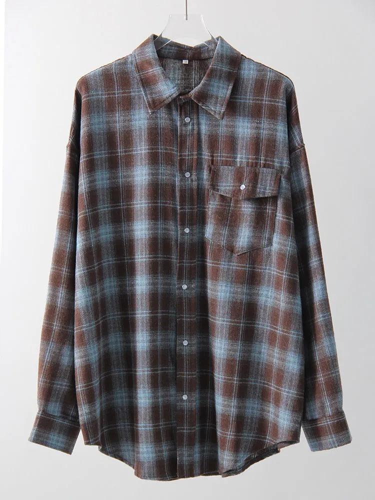 Vintage Oversized Plaid Shirt Women Casual Blouse