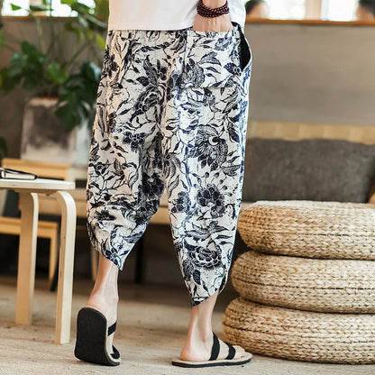 Harajuku Summer Loose Calf Length Casual Pants Cotton Linen Baggy Pants