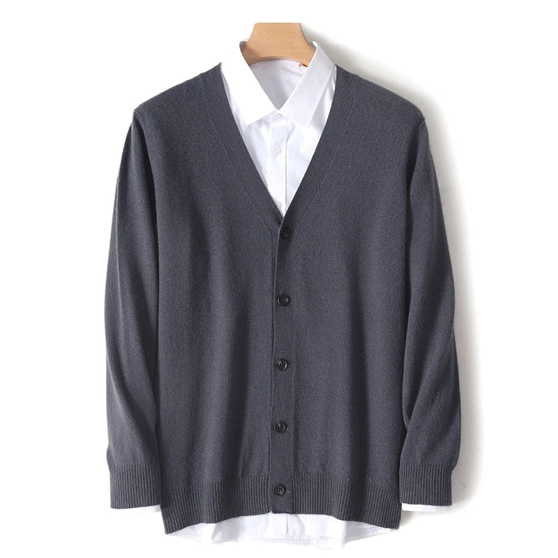 Mens Pure Merino Wool Cardigan V Neck Sweater Jacket Oversized Knit
