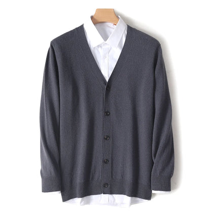 Mens Pure Merino Wool Cardigan V Neck Sweater Jacket Oversized Knit