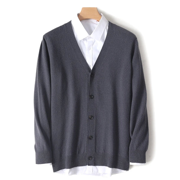 Mens Pure Merino Wool Cardigan V Neck Sweater Jacket Oversized Knit