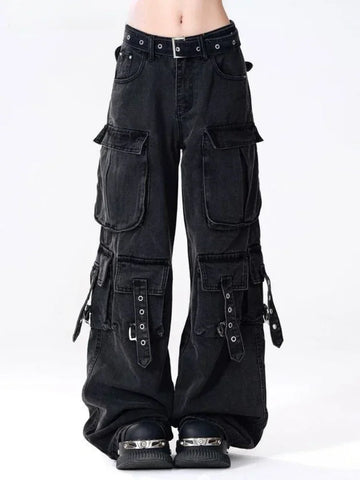 Black Baggy Opium Pocket Jeans Gothic Pants Oversized Y2K Jeans Cargo Pants Y2K