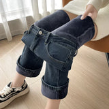 Plush Flared Jeans Warm Thermal Fleece High Waist Urban Straight