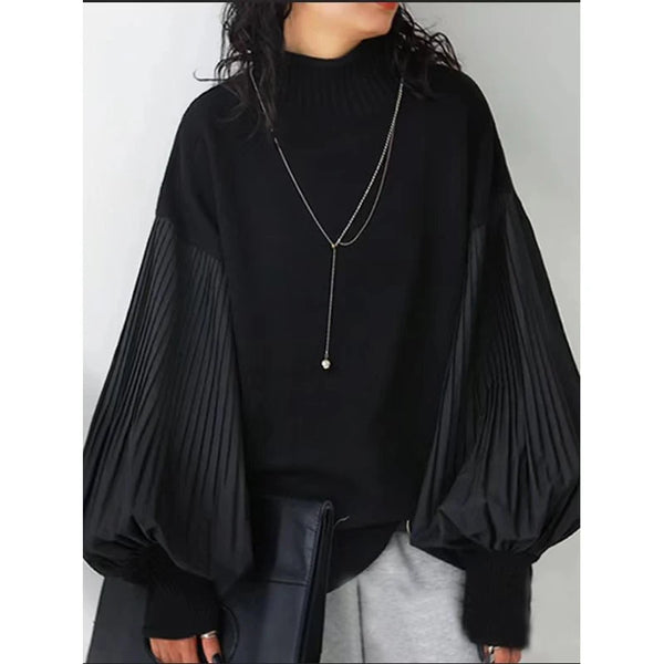 Turtleneck Sweater Women Lantern Sleeve Patchwork Pullover