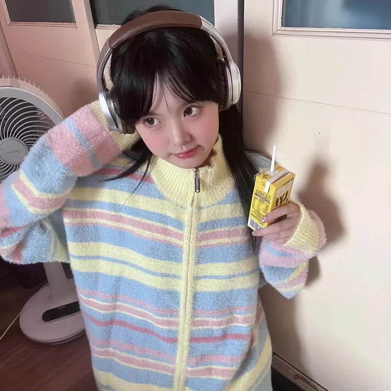 Y2K Striped Knitted Cardigan Women Vintage Oversized Winter Outfit