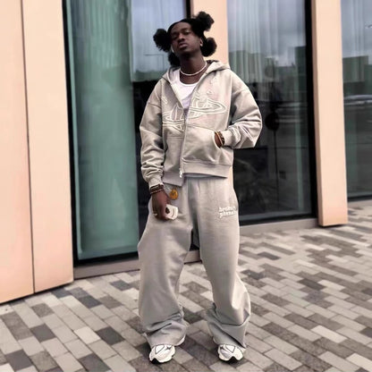 Men’s Oversized Fleece Jacket Yao Broken Brand Streetwear Zip Up