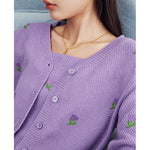Sweaters Women Knit Cardigan Spring Long Sleeves V Neck Loose Floral Embroidery Purple - xinnzy