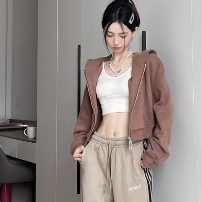 Hoodie Women Streetwear Brown Oversize Crop Sweatshirt American Vintage